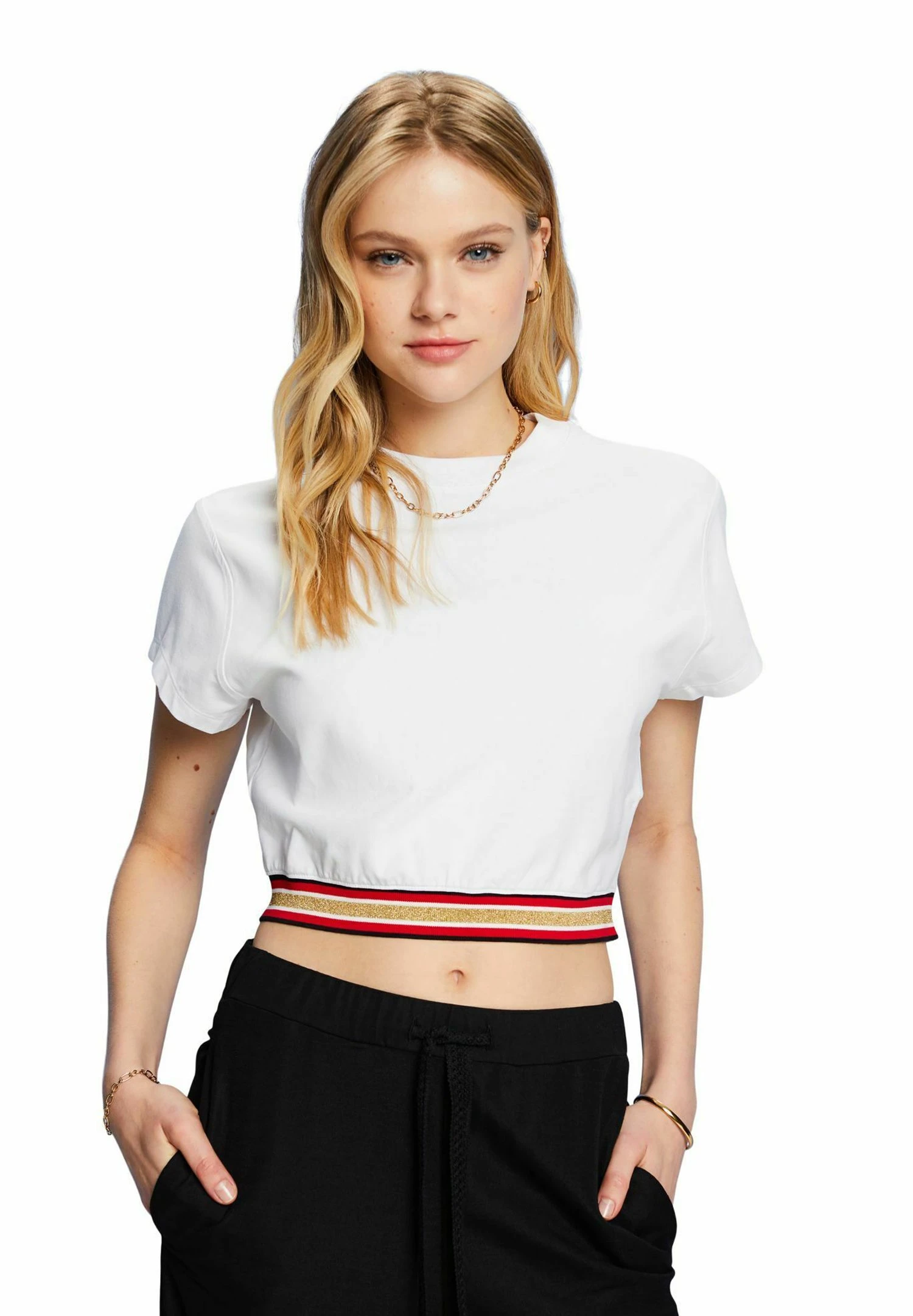 ESPRIT Cropped Mit Glitzer Detail - T-Shirt Print - White 1 ESPRIT Cropped Mit Glitzer Detail - T-Shirt Print - White